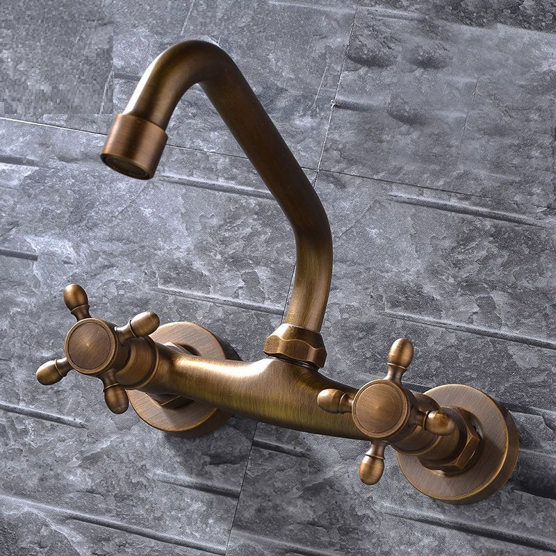 Lisslune | Industrial Bathtub Outlet Trim Wall Mounted Full Copper Dual Cross Handle Low Arc Bathtub Faucet