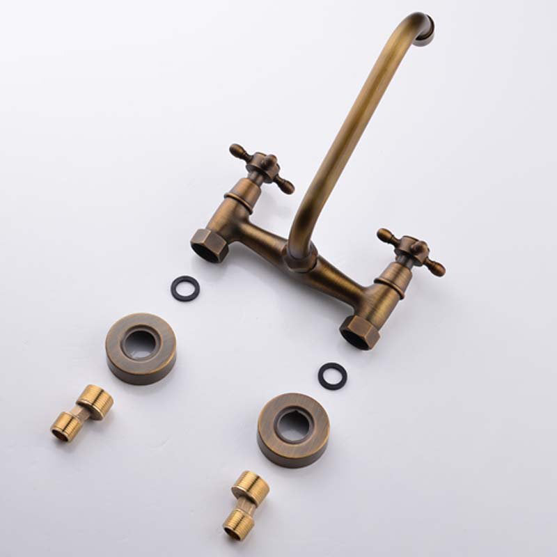 Lisslune | Industrial Bathtub Outlet Trim Wall Mounted Full Copper Dual Cross Handle Low Arc Bathtub Faucet
