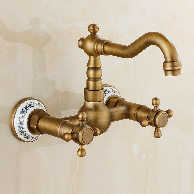 Lisslune | Vintage Bathtub Faucet with Two Cross Handles Made of Pure Copper Wall-Mounted Fixture