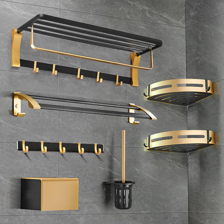 Lisslune | Contemporary Bath Accessories Set Black & Golden Bath Shelf/Towel Bar