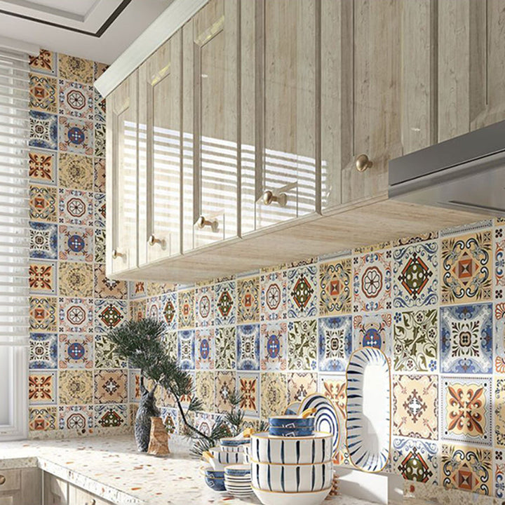 Lisslune | Wall tiles paste wallpaper Floral check pattern wallpaper tile