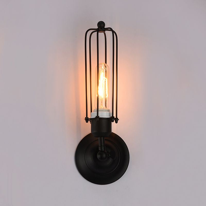 Skørter | 1/2-Bulb Linear Cage Wall Lamp Industrial Black/Rust Metal Wall Lighting Fixture for Living Room