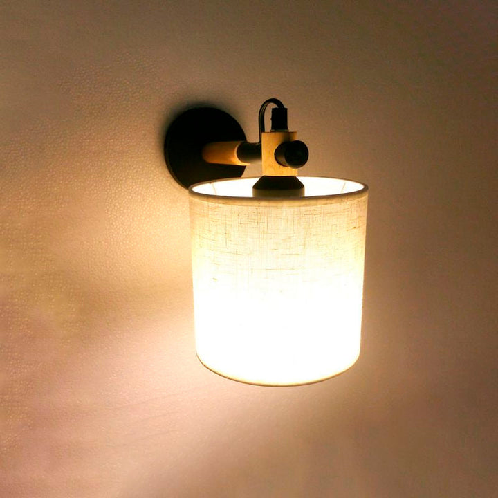Lisslune | Fabric Cylindrical Wall Light Modernist 1 Light Bedroom Wall Mounted Light with Wood Connection in Black/White