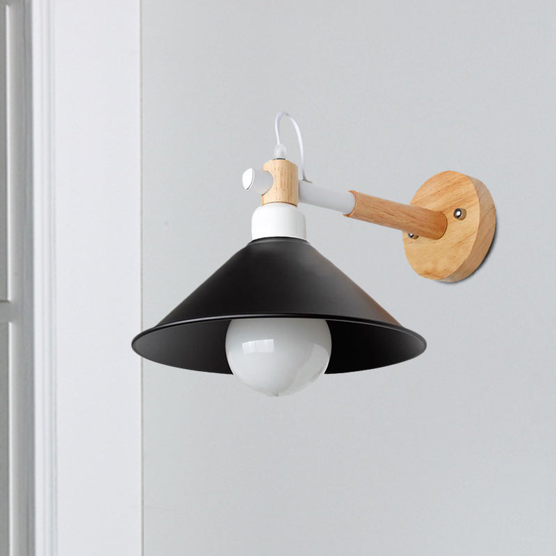 Lisslune | 1 Head Conical Wall Lamp Light Nordic Style Black Metallic Wall Lighting with Wooden Backing