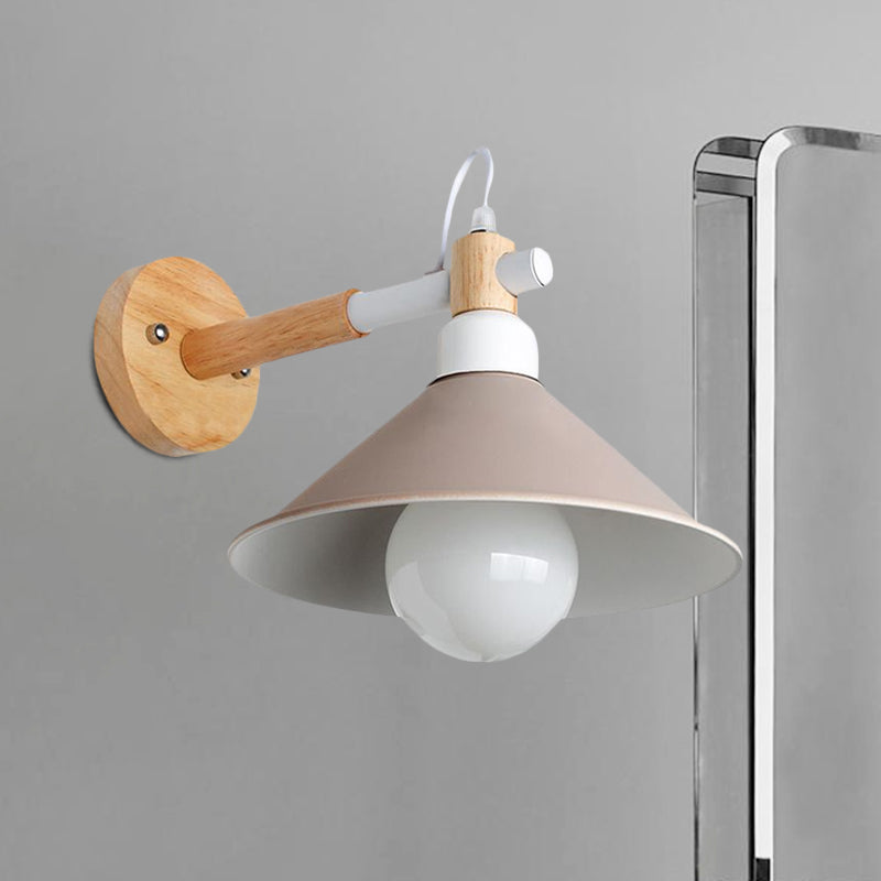 Lisslune | Nordic Stylish Cone Wall Lighting Fixture 1 Head Metallic Wall Lamp with Wooden Connection in Black/Grey for Hallway