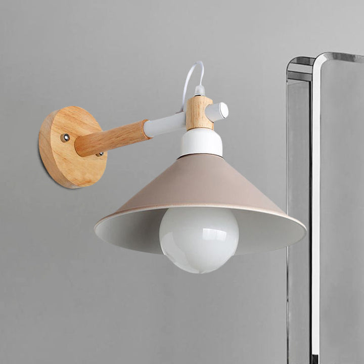 Lisslune | Nordic Stylish Cone Wall Lighting Fixture 1 Head Metallic Wall Lamp with Wooden Connection in Black/Grey for Hallway