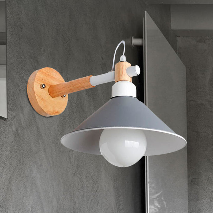 Lisslune | Nordic Stylish Cone Wall Lighting Fixture 1 Head Metallic Wall Lamp with Wooden Connection in Black/Grey for Hallway