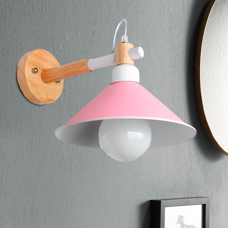 Lisslune | Nordic Stylish Cone Wall Lighting Fixture 1 Head Metallic Wall Lamp with Wooden Connection in Black/Grey for Hallway