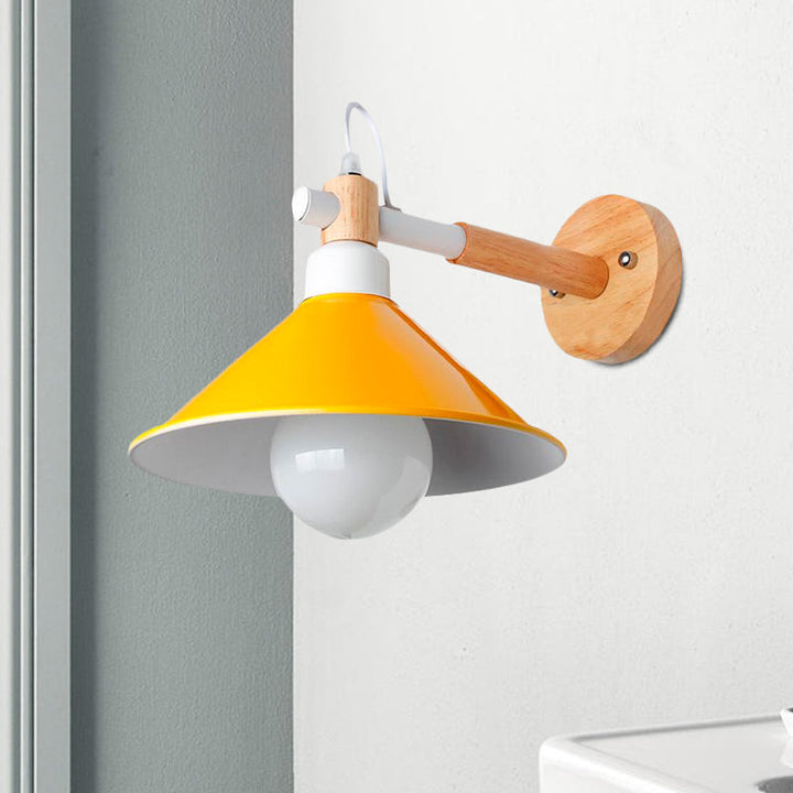 Lisslune | Nordic Stylish Cone Wall Lighting Fixture 1 Head Metallic Wall Lamp with Wooden Connection in Black/Grey for Hallway