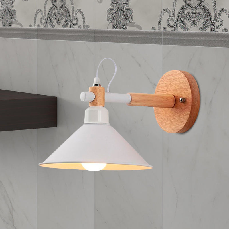 Lisslune | Nordic Stylish Cone Wall Lighting Fixture 1 Head Metallic Wall Lamp with Wooden Connection in Black/Grey for Hallway