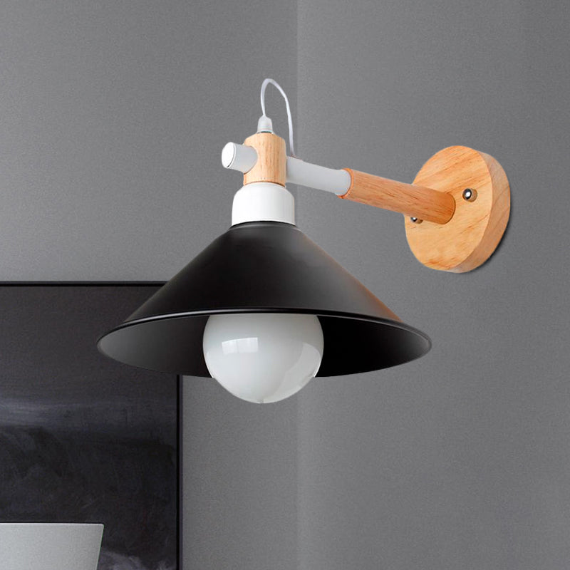 Lisslune | Nordic Stylish Cone Wall Lighting Fixture 1 Head Metallic Wall Lamp with Wooden Connection in Black/Grey for Hallway