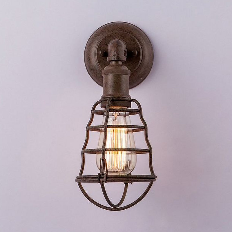 Lisslune | Rust Finish Mini Wall Lamp with Cage Shade Antique Style Iron 1 Light Farmhouse Wall Mount Lighting