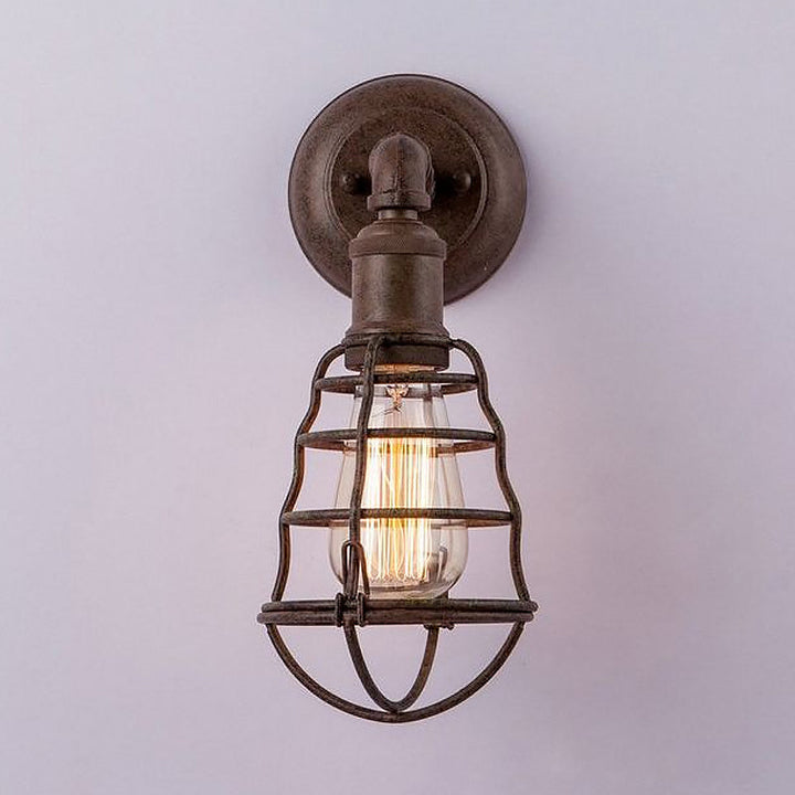 Lisslune | Rust Finish Mini Wall Lamp with Cage Shade Antique Style Iron 1 Light Farmhouse Wall Mount Lighting