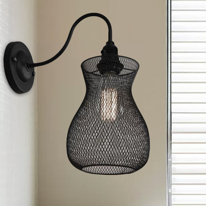 Lisslune | 1 Bulb Vase Shape Wall Sconce with Mesh Shade Industrial Style Black Metal Wall Light for Hallway