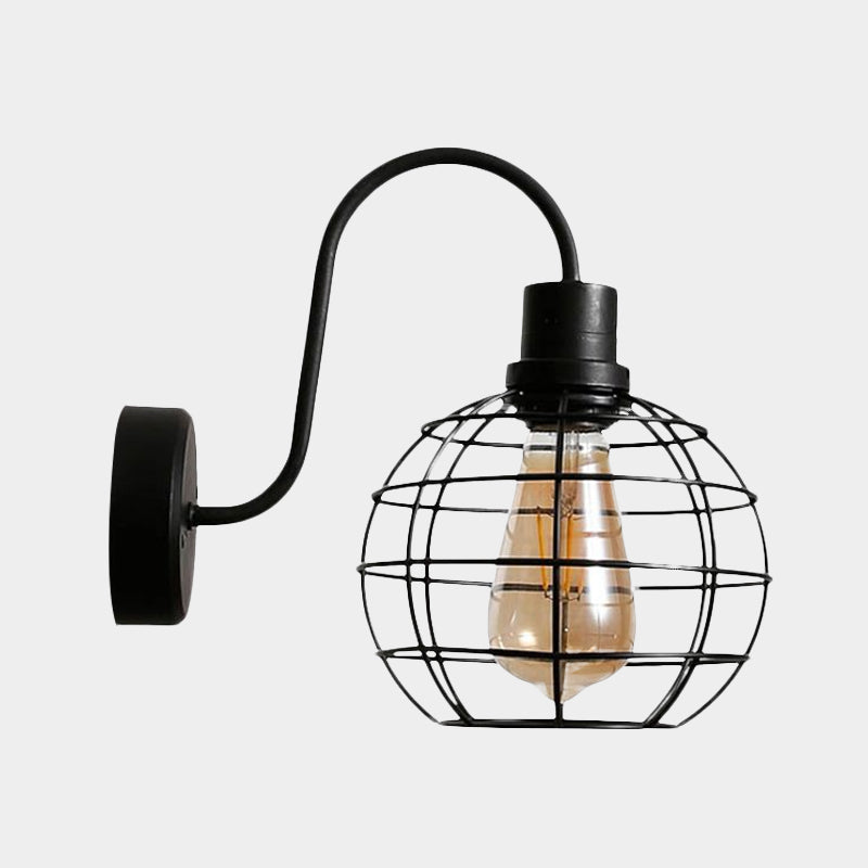 Lisslune | 1 Bulb Wall Light Retro Style Wire Global Cage Metal Wall Light in Black for Living Room