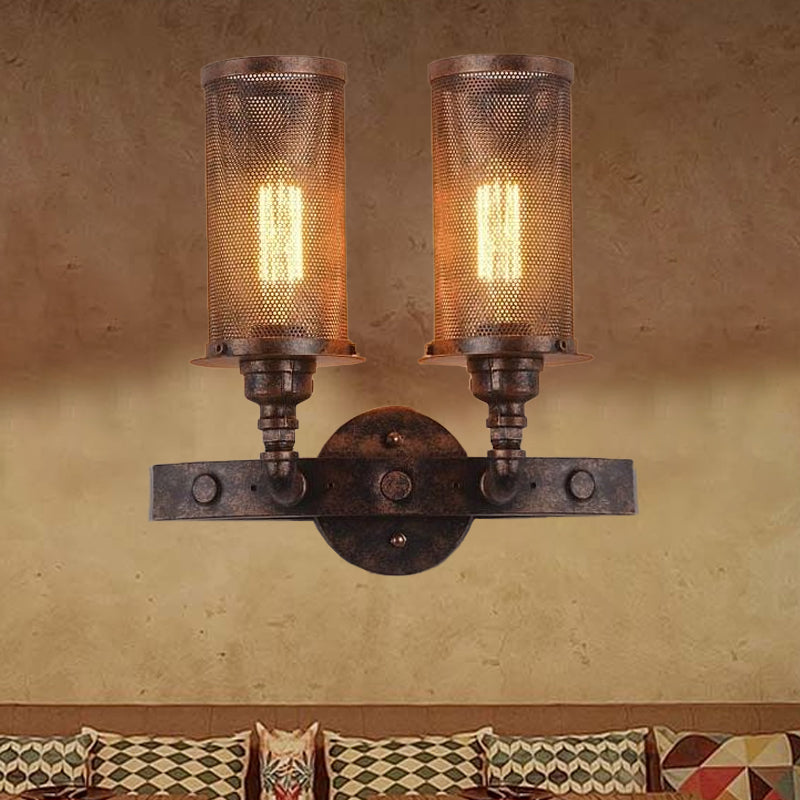 Lisslune | Antique style double cylinder wall lamp with mesh shade 2 lights wrought iron wall mount lamp in aged copper