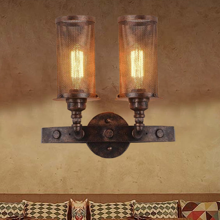 Lisslune | Antique style double cylinder wall lamp with mesh shade 2 lights wrought iron wall mount lamp in aged copper
