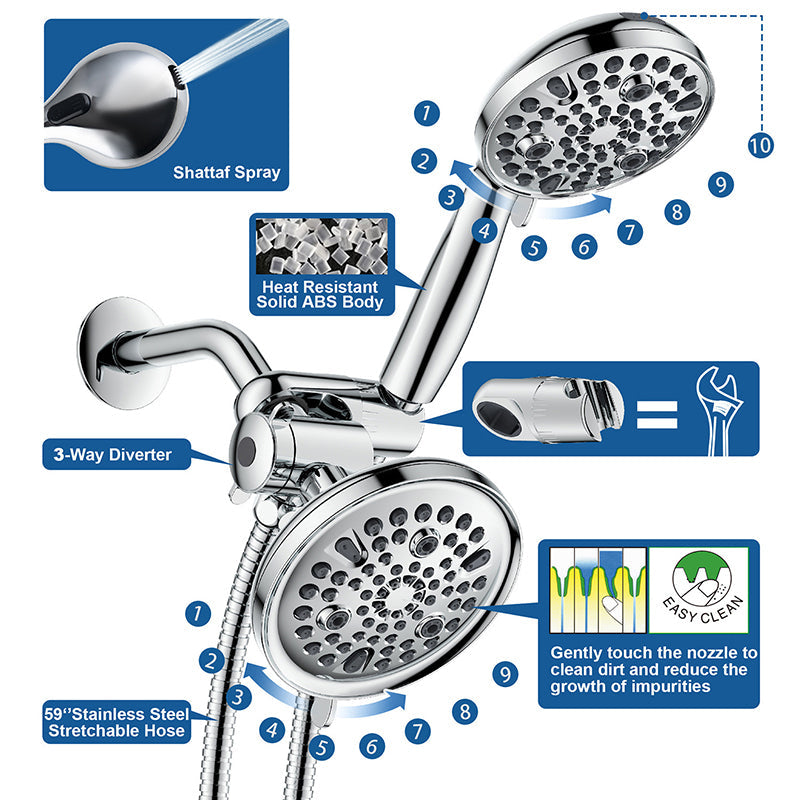 Lisslune | Contemporary Shower Combination Adjustable Shower Head Chrome Ceiling Mounted Round Shower Head