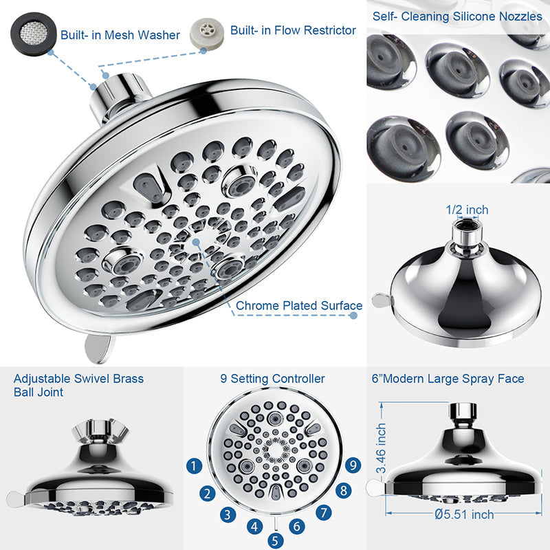 Lisslune | Contemporary Shower Combination Adjustable Shower Head Chrome Ceiling Mounted Round Shower Head