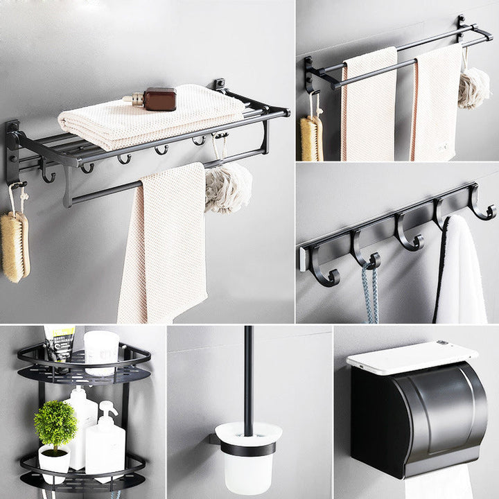Lisslune | 6-piece modern bathroom hardware set in matte black with bathroom shelf/towel holder & bathrobe hook