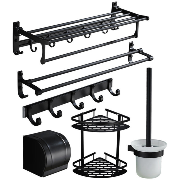 Lisslune | 6-piece modern bathroom hardware set in matte black with bathroom shelf/towel holder & bathrobe hooks