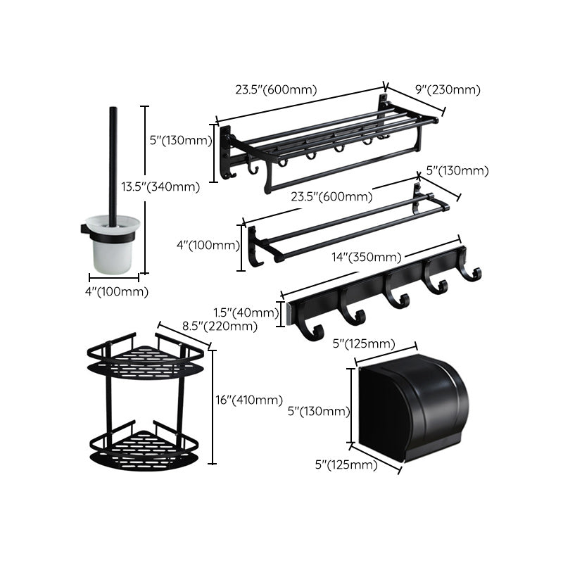Lisslune | 6-piece modern bathroom hardware set in matte black with bathroom shelf/towel holder & bathrobe hook