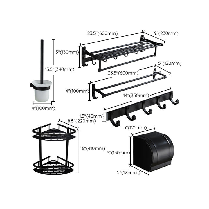 Lisslune | 6-piece modern bathroom hardware set in matte black with bathroom shelf/towel holder & bathrobe hooks