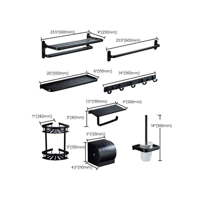 Lisslune | Contemporary 8-piece Bathroom Accessory Set Matte Black Bathroom Shelf/Paper Holder/Towel Hook