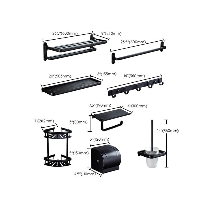Lisslune | Contemporary 8-piece Bathroom Accessory Set Matte Black Bathroom Shelf/Paper Holder/Towel Hook