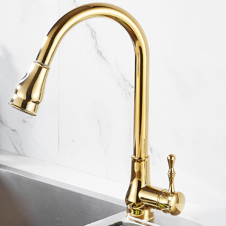 Lisslune | Brushed Gold Kitchen Faucet High Arc Swivel Spout with Pull-Down Spray Head