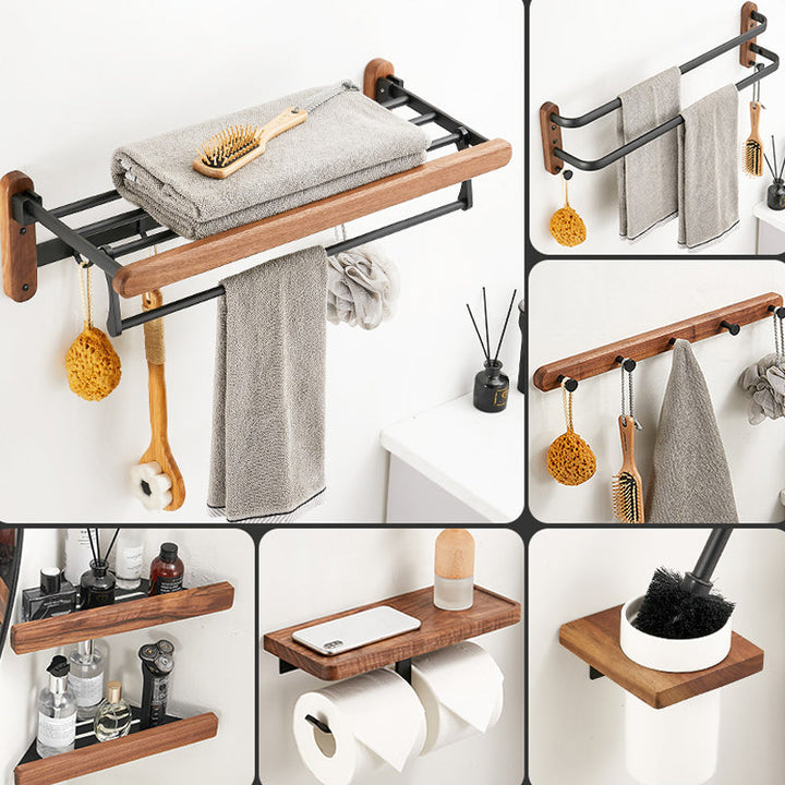 Lisslune | Walnut Brown Bathroom Accessory Set Metal Folding Bath Hardware Set