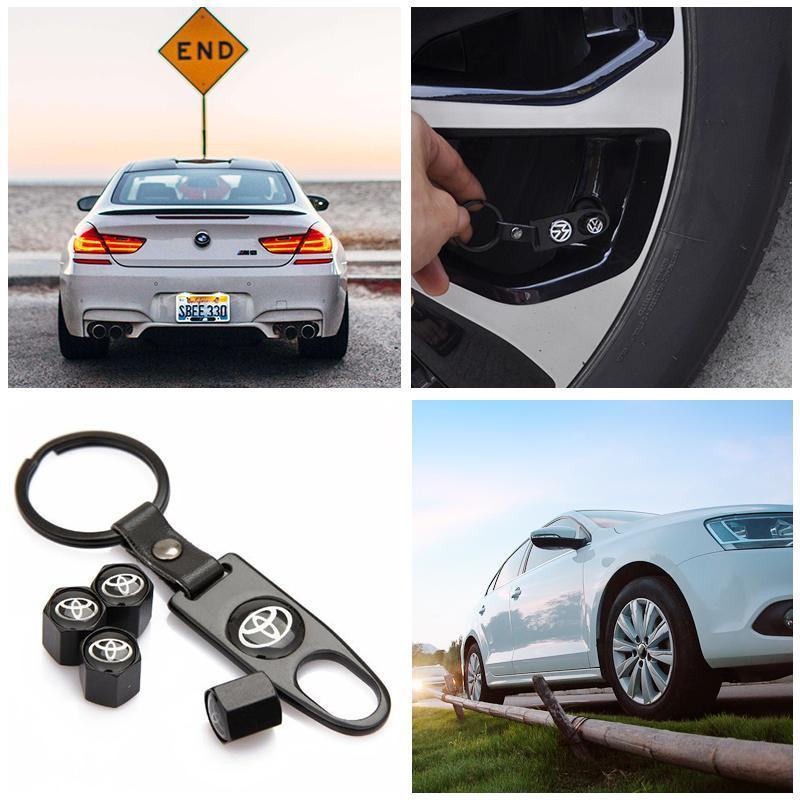 Lisslune | Universal Steel (4 pieces) Car tire valve stem caps cover + (1 piece) keychain
