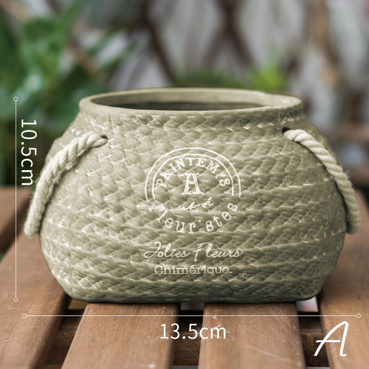 Lisslune | Ceramic Plant Pot in Hemp Bag Design with Rope Handles – Decorative Flower Pot for Garden and Home