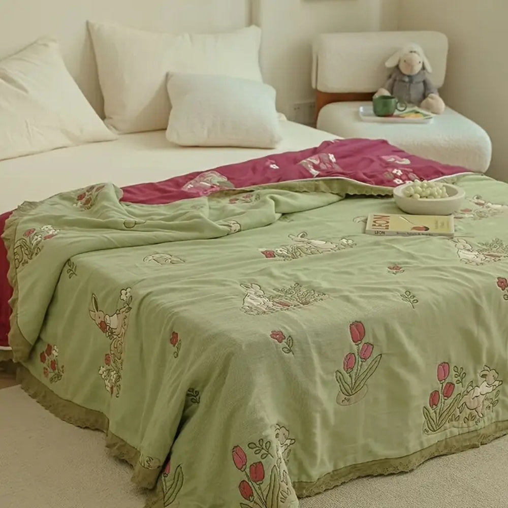 Lisslune | Embroidered Bunny Floral Cotton Blanket