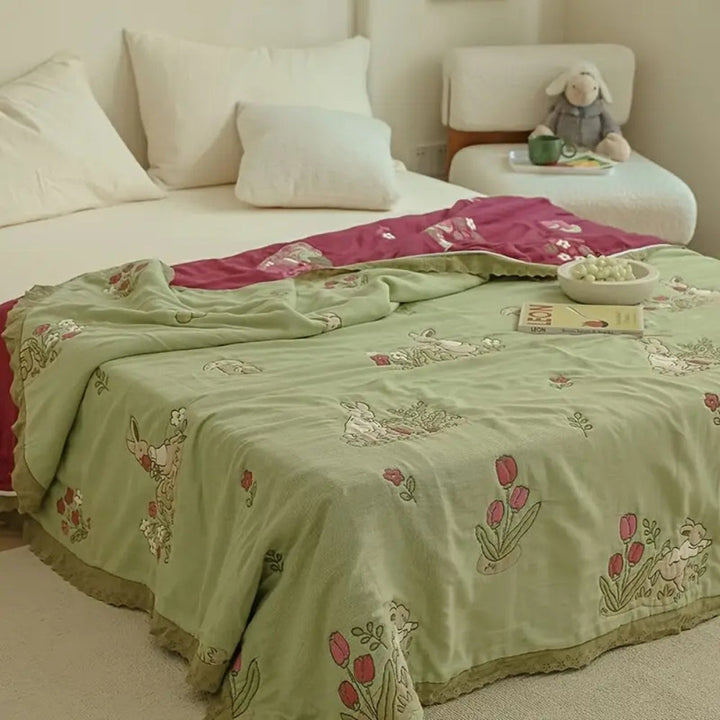 Lisslune | Embroidered Bunny Floral Cotton Blanket