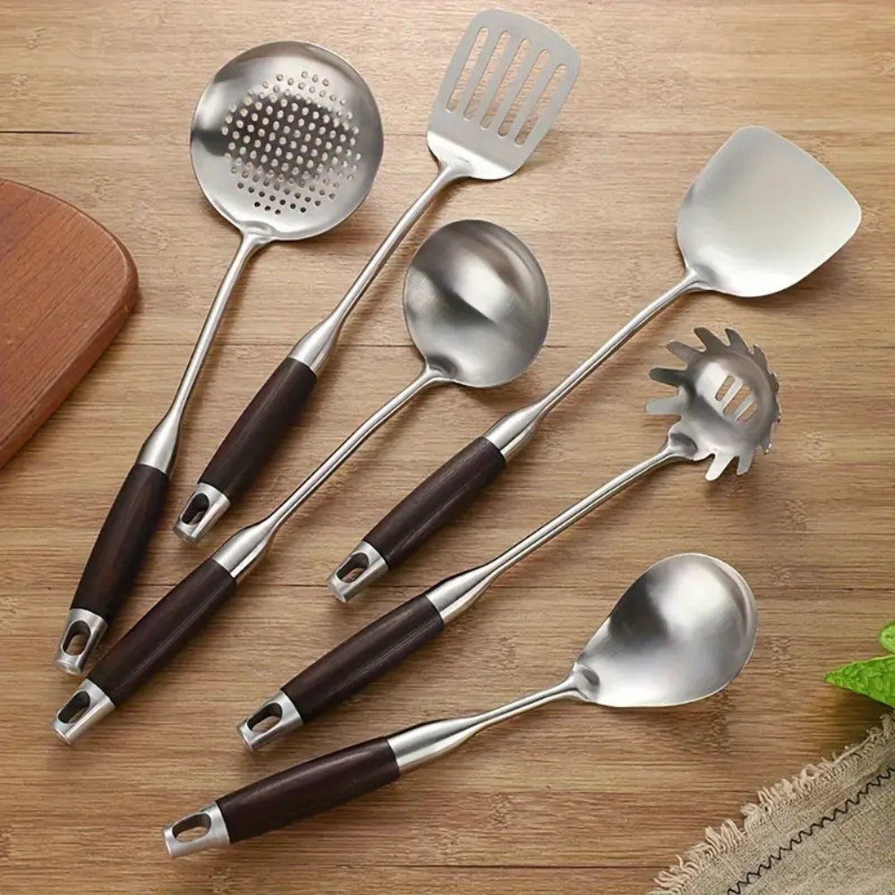 Lisslune | Gleaming Stainless Steel Wooden Utensils | 6Pcs Set