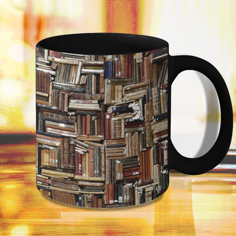 Lisslune | Bookshelf Ceramic Coffee Mug - Gift for Cat Book Lovers