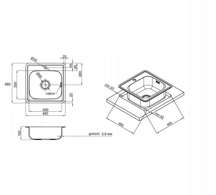 Lisslune | Single Basin Kitchen Sink Micro Len 48x48 + Trap