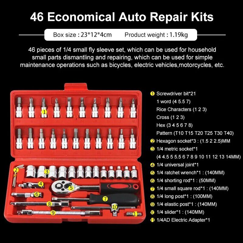 Lisslune | Complete 46-piece 1/4" Socket Set with Ratchet & Wrench Combination – Professional Auto Mechanic Tool Set