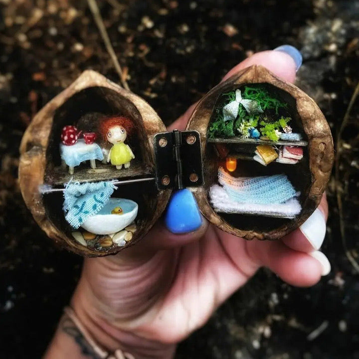 Lisslune | Handmade.Walnut Shell Doll House--Mini Library, Tiny World Inside Walnuts