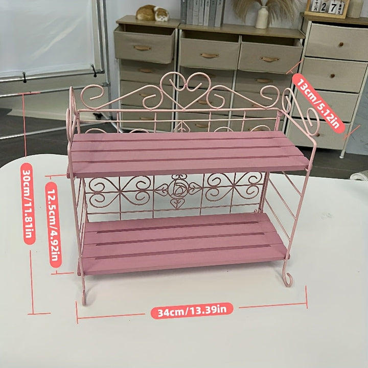 Lisslune | 1pc Pink 2-Tier Klappbarer Metall- und Holzlagerregal – Eleganter Thekenorganizer für Schlafzimmer, Küche, Bad, Wohnzimmer oder Gartendekor, Wohnzimmerlagerung, Nutzregale