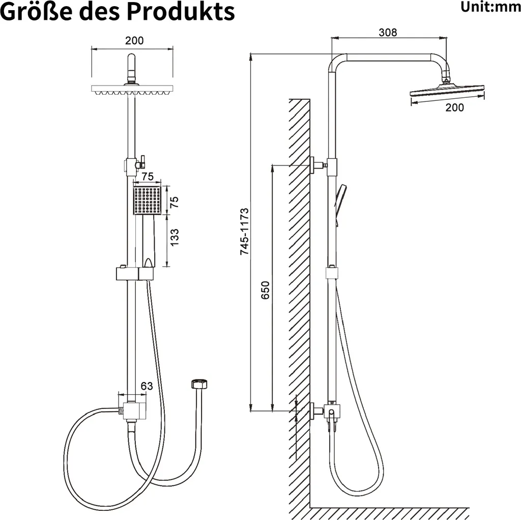 Lisslune | Shower system Black Rain shower Shower set without faucet with overhead shower Hand shower Shower column Shower system with diverter angular Shower column for bathroom, black
