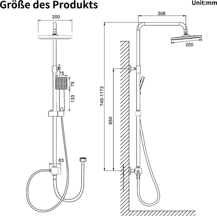 Lisslune | Shower system Black Rain shower Shower set without faucet with overhead shower Hand shower Shower column Shower system with diverter angular Shower column for bathroom, black