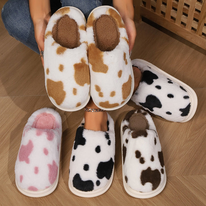 Lisslune | Shady Cow Print Plush Slippers for Couples - Cozy Anti-Slip Soft Home Shoes for Winter
