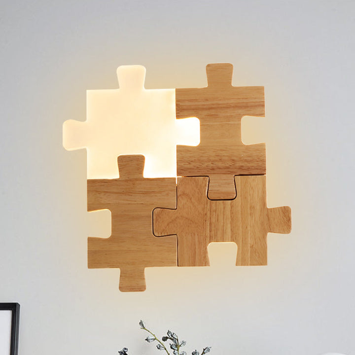 Skørter | Beige Jigsaw Puzzle Wall Recessed Light Nordic LED Wood Wall Mount Lamp in White/Warm Light