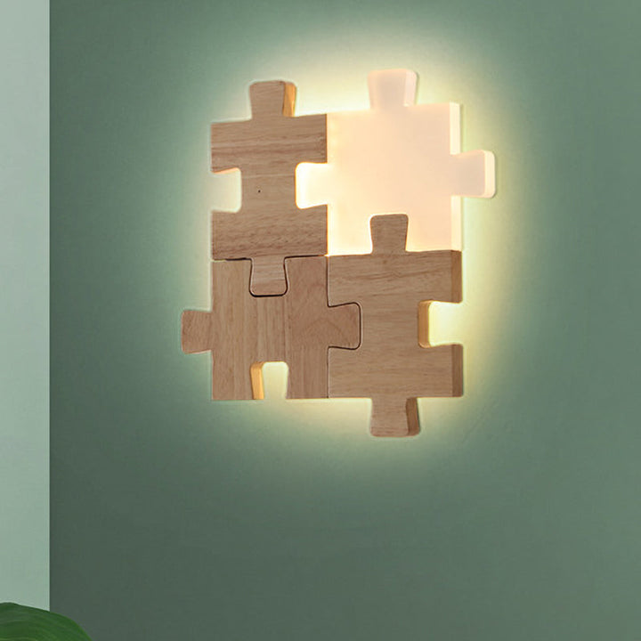 Skørter | Beige Jigsaw Puzzle Wall Recessed Light Nordic LED Wood Wall Mount Lamp in White/Warm Light