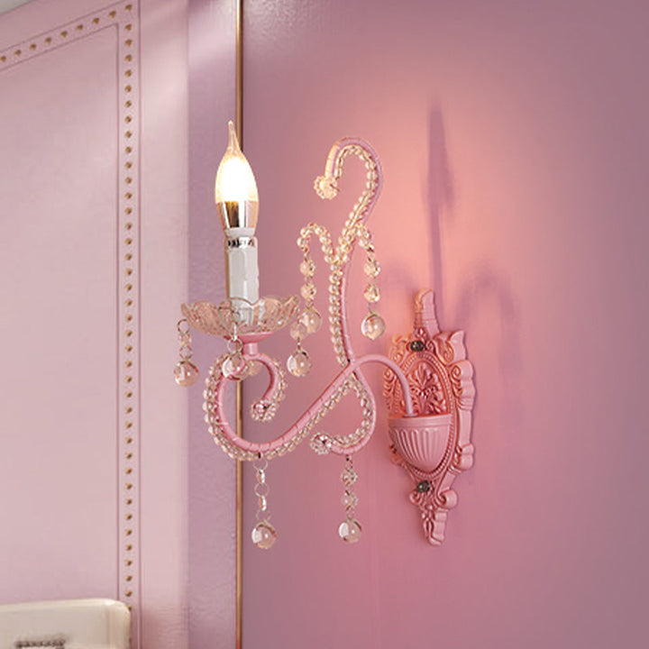 Skørter | Metal Candle Wall Lamp Sconces Cartoon 1/2-Bulb Pink Finish Wall Lamp with Crystal Deco for Girls Bedside