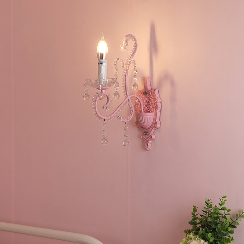 Skørter | Metal Candle Wall Lamp Sconces Cartoon 1/2-Bulb Pink Finish Wall Lamp with Crystal Deco for Girls Bedside