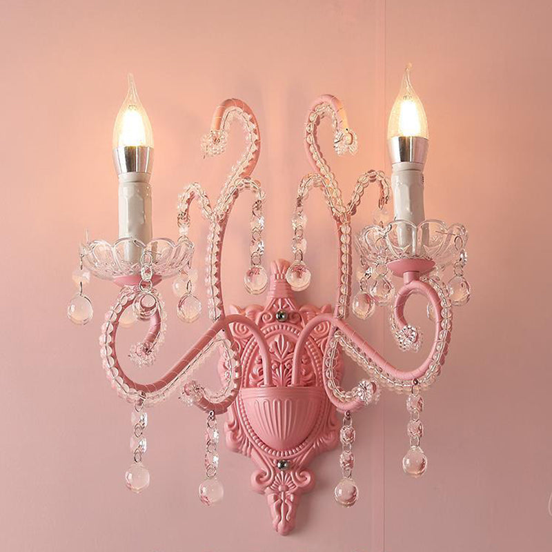 Skørter | Metal Candle Wall Lamp Sconces Cartoon 1/2-Bulb Pink Finish Wall Lamp with Crystal Deco for Girls Bedside