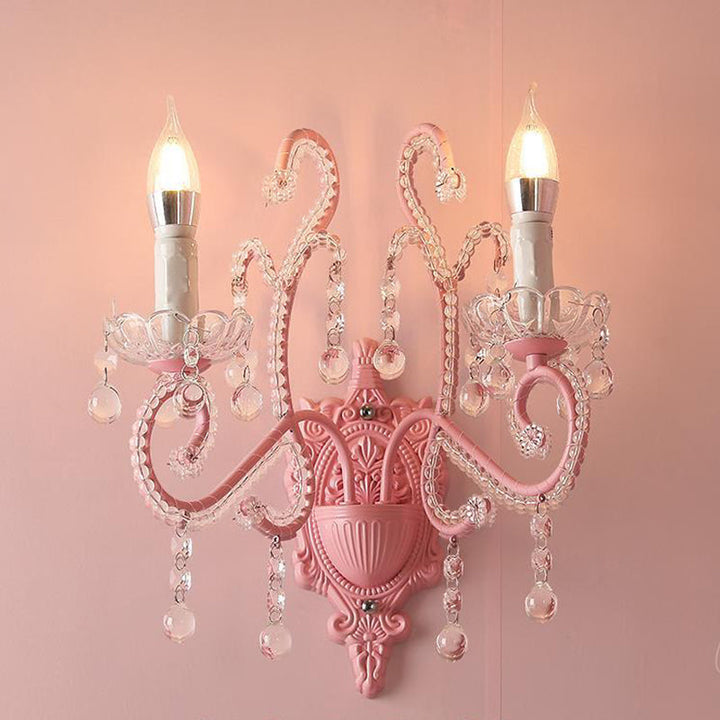 Skørter | Metal Candle Wall Lamp Sconces Cartoon 1/2-Bulb Pink Finish Wall Lamp with Crystal Deco for Girls Bedside